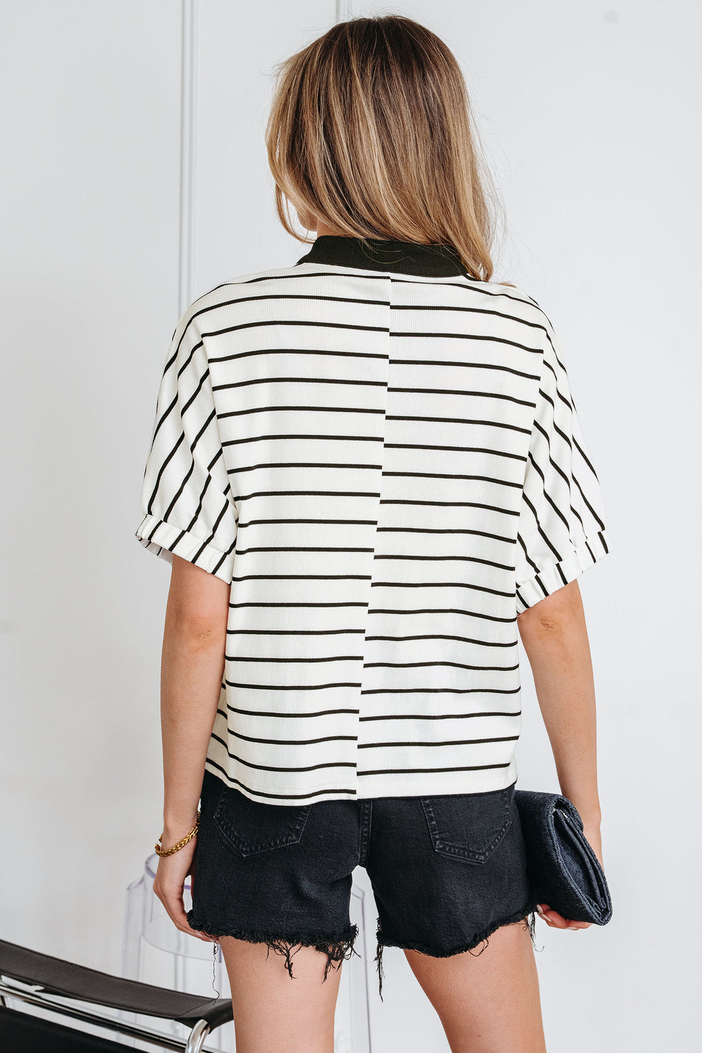 Stripe Stand Collar V Neck Elastic Cuffs Half Sleeve Dolman Top
