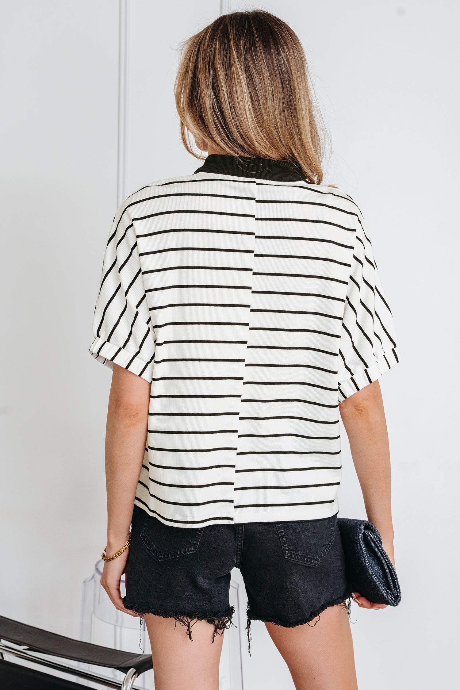 Stripe Stand Collar V Neck Elastic Cuffs Half Sleeve Dolman Top