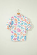 Multicolour Vibrant Paisley Printed Button Keyhole Puff Sleeve Blouse