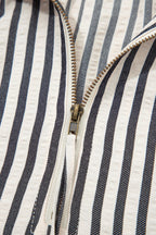 Black Stripe Polo Collar Half Zip Short Puff Sleeve Blouse