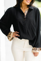 Contrast Leopard Print Patchwork Polo Collar Buttons Front Ruffled Long Sleeve Blouse