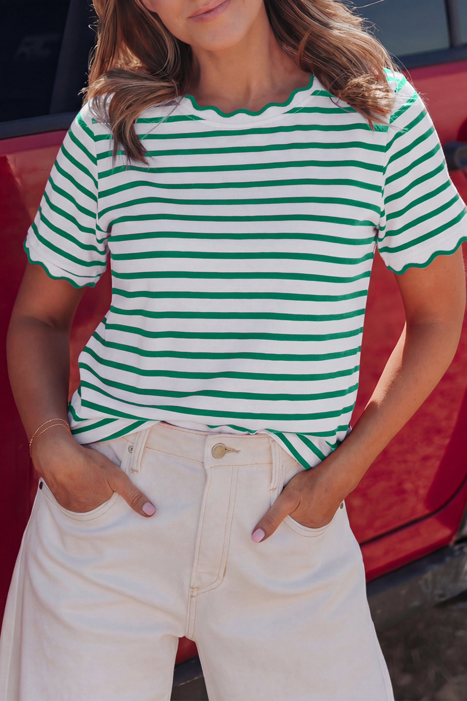 Striped Scalloped Trim Round Neck T Shirt