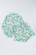 Green Leopard Satin Ruffle Pyjama Short Set