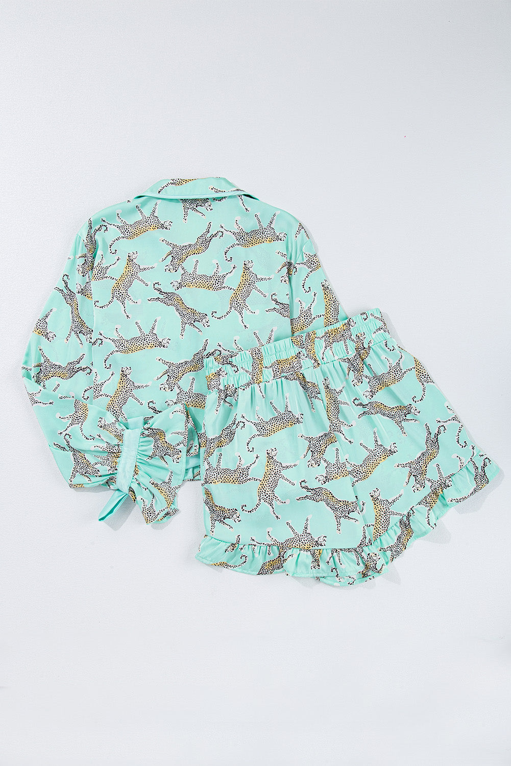 Green Leopard Satin Ruffle Pyjama Short Set