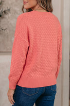 Coral Paradise Breathable Patterned Knit Drop Shoulder Pullover Sweater