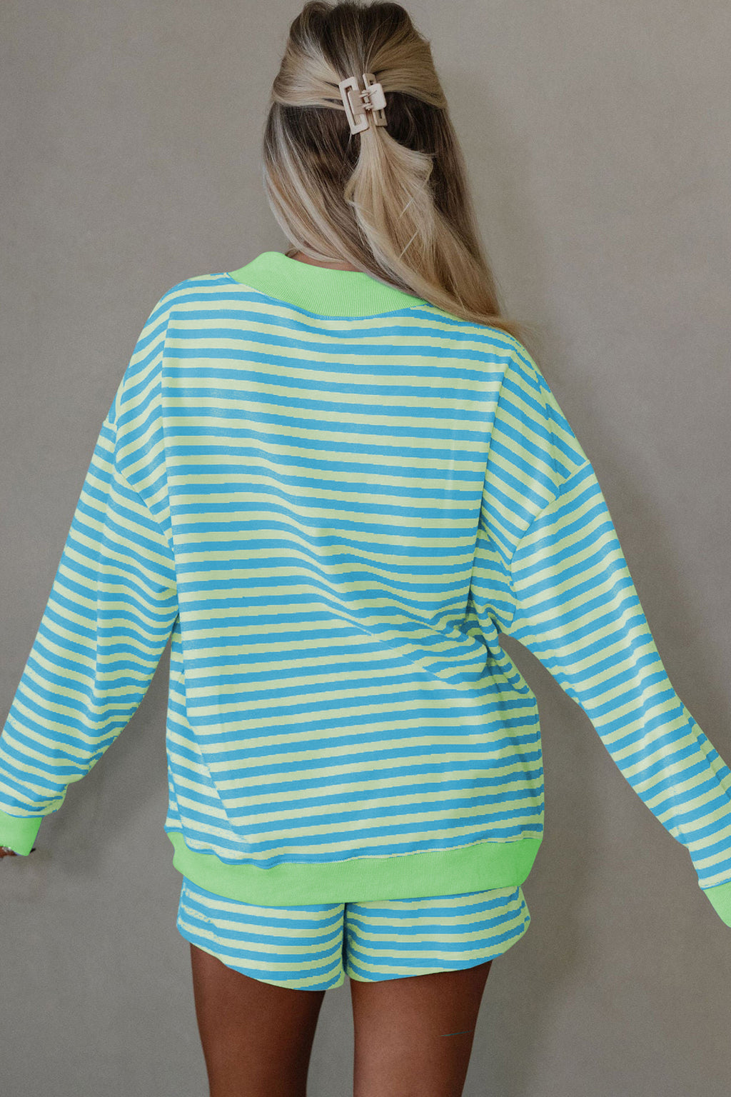 Striped Color Block Detail Long Sleeve Pullover Elastic Waist Pull On Shorts 2pcs Set