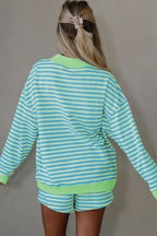 Striped Color Block Detail Long Sleeve Pullover Elastic Waist Pull On Shorts 2pcs Set