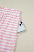 Pink Stripe Drop Shoulder Round Neck Top and Buttoned Straight Pants Two Piece Set