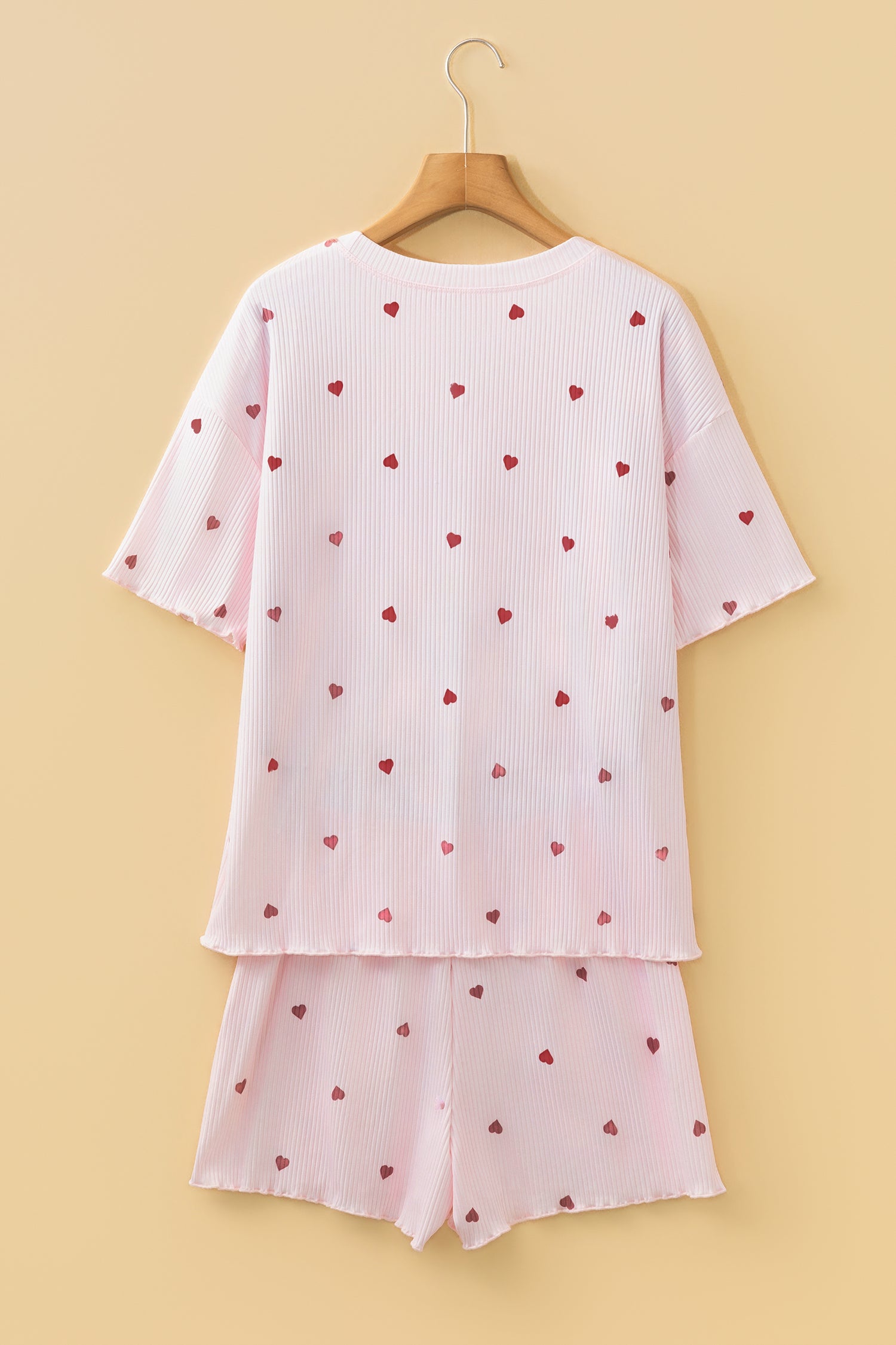 Light Pink Valentine Heart Shape Print Ribbed Knit Short Lounge Set