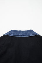 Black Waffle Knit Denim Contrast Trim Patchwork Button Polo Collar Top