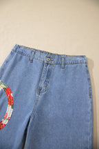 Myosotis Floral Peace Sign Embroidered Patch Wide Leg Jeans
