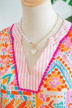 Rose Boho Mixed Print Contrast Trim Striped Patchwork Tiered Short Sleeve Blouse