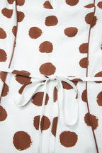 White Polka Dot Printed V Neck Short Sleeve Tie Waist Midi Dress