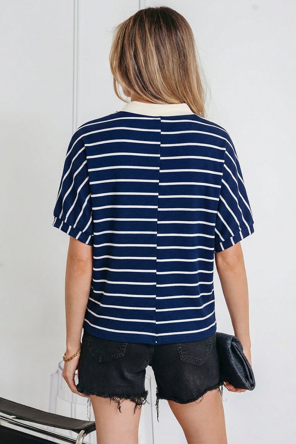 Stripe Stand Collar V Neck Elastic Cuffs Half Sleeve Dolman Top