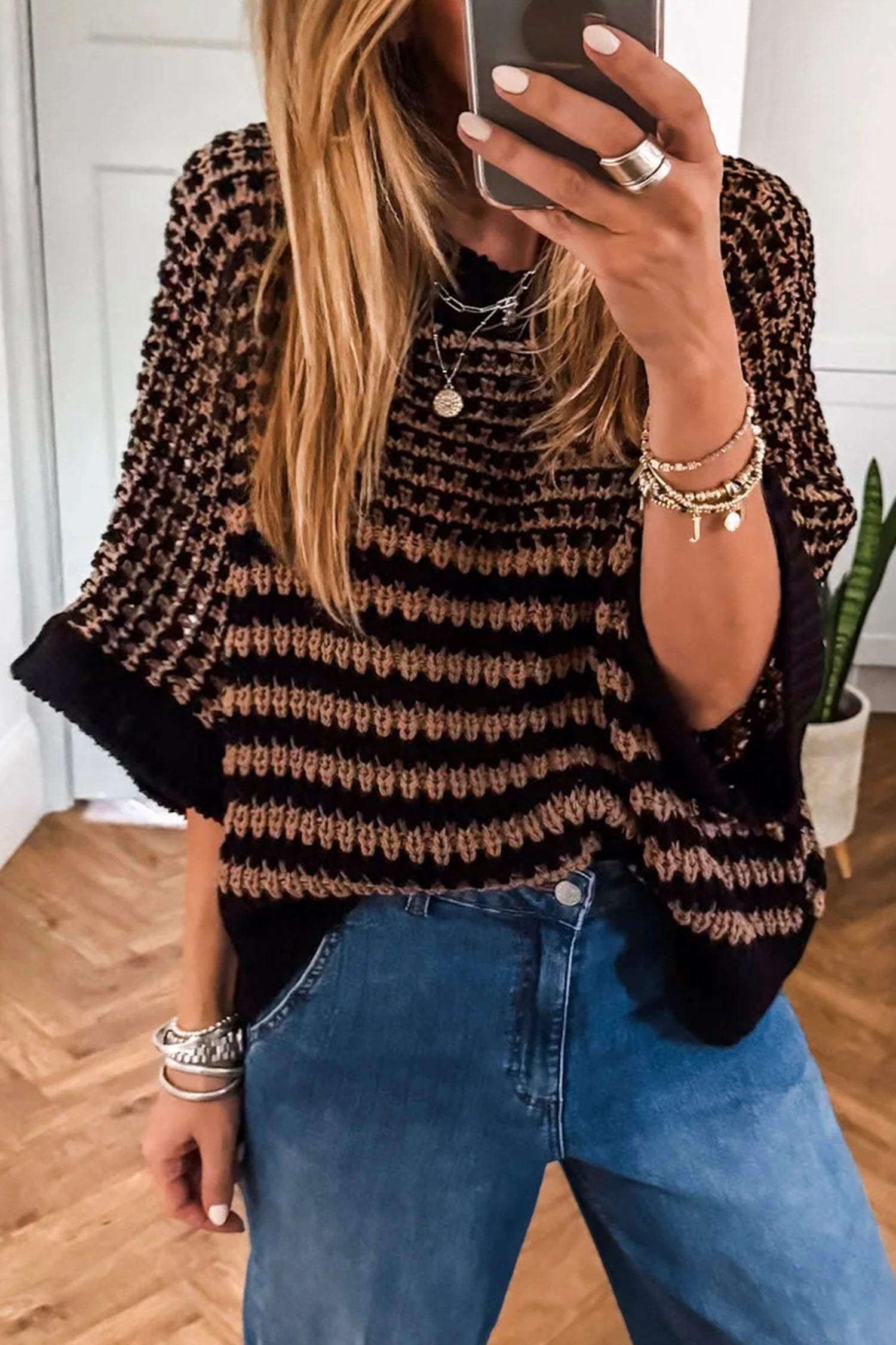 Striped 3/4 Draped Sleeve Slouchy Sweater