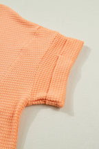 Grapefruit Orange Waffle V Neck Short Sleeve Knit Top