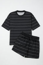 Striped Half Sleeve Tee Drawstring Shorts 2pcs Set