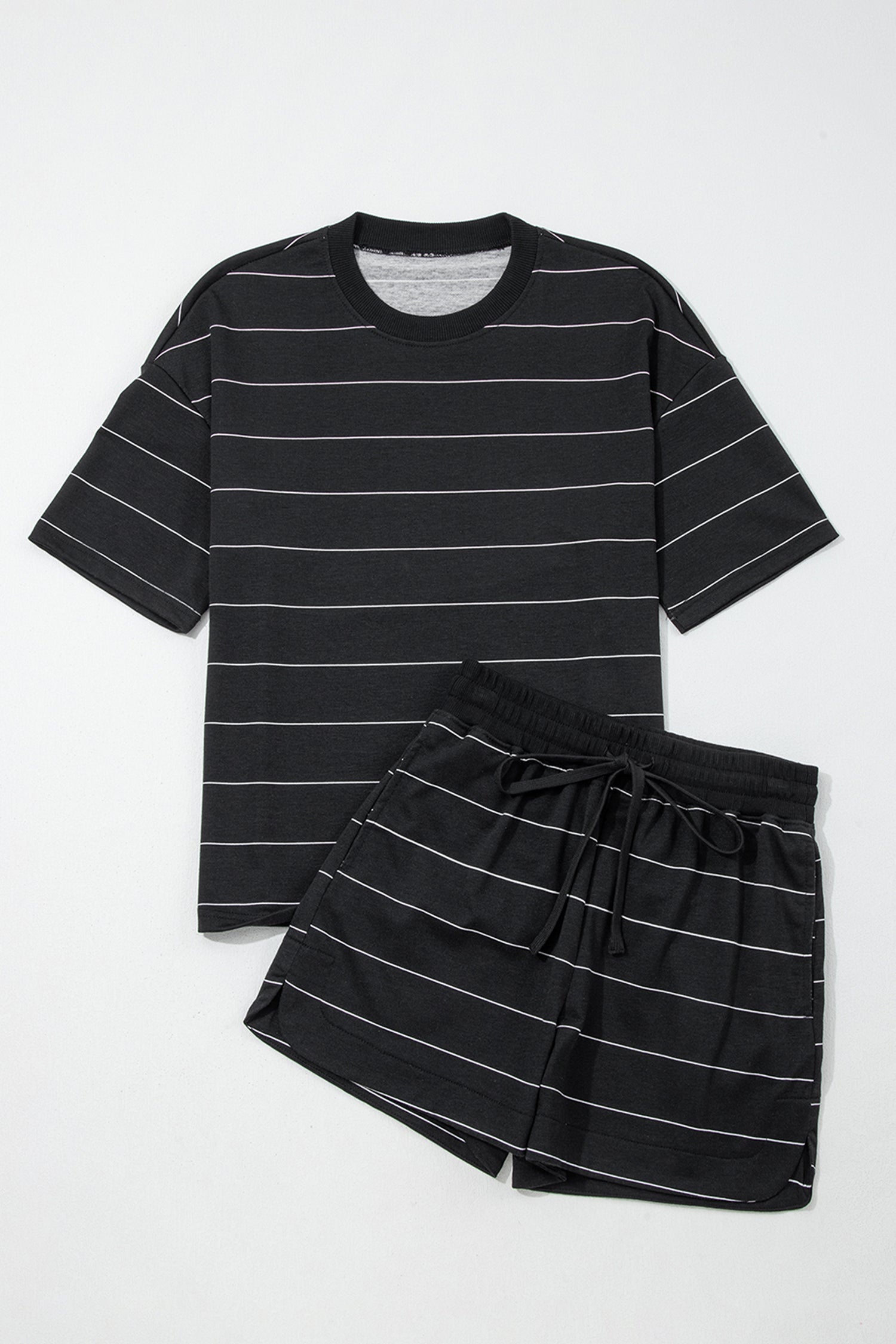 Striped Half Sleeve Tee Drawstring Shorts 2pcs Set