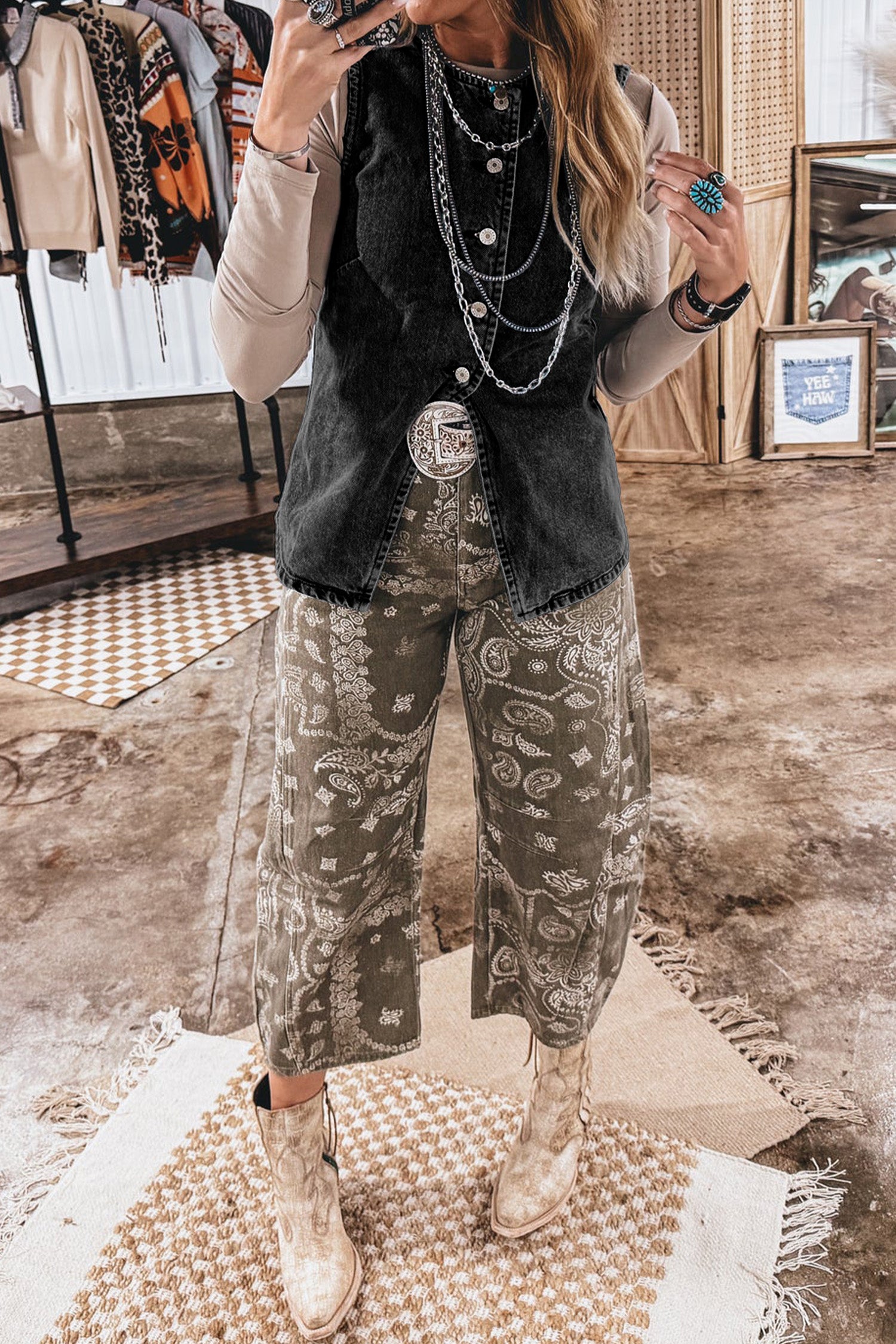 Buttoned Front Slit Denim Vest