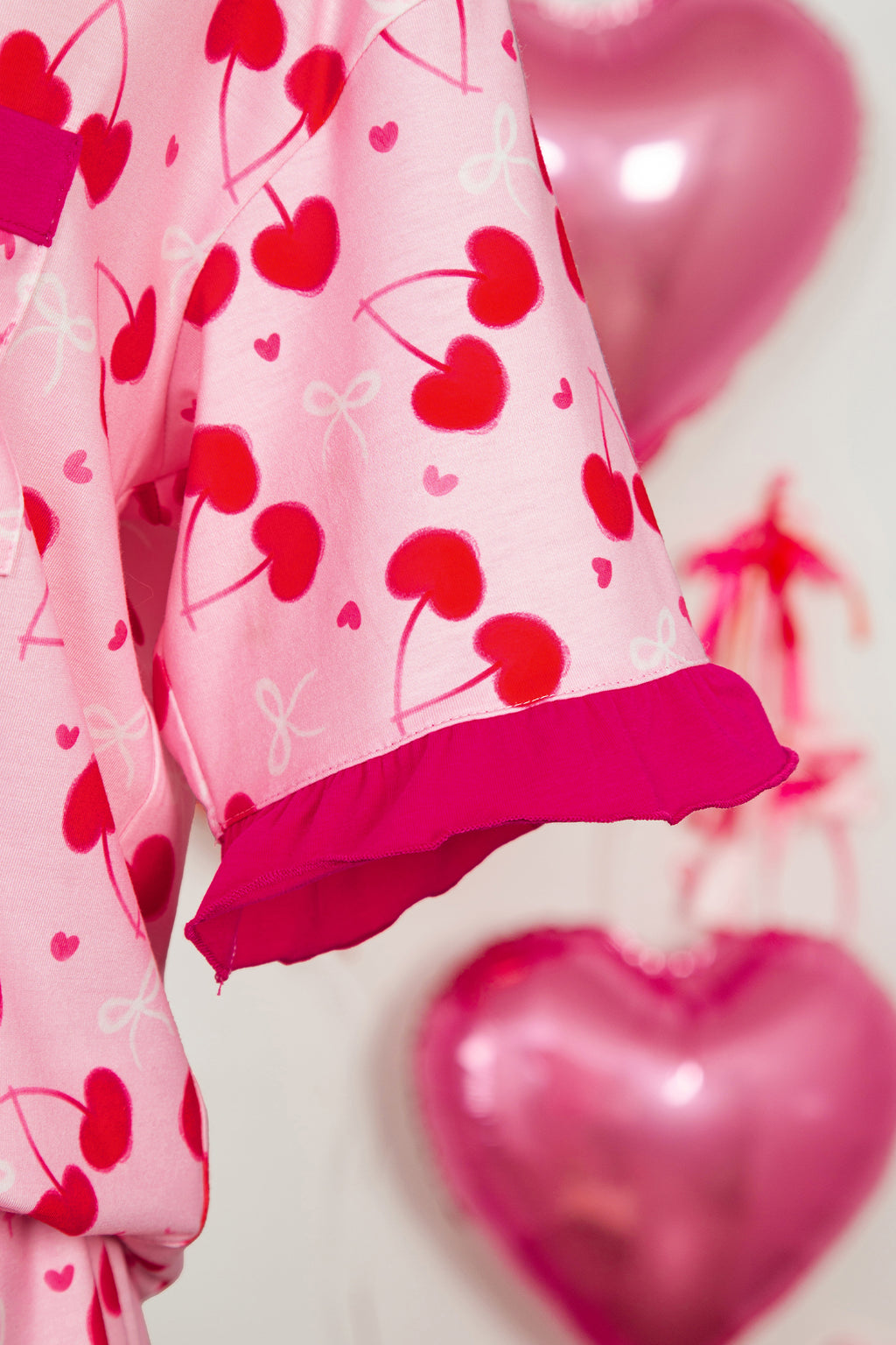 Rose Cherry Bow Mixed Print Scalloped Edge Short Pyjama Set