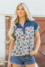 Grey Retro Floral Print Denim Patchwork Buttoned Polo Collar Top