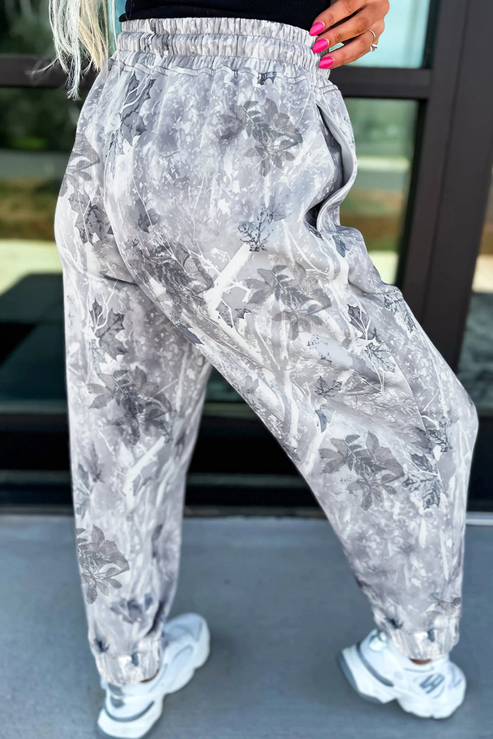 Grey Camo Print Cozy Drawstring Elastic Waist Jogger Pants