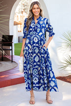 Blue Wild Floral Print Frilled Collar Half Sleeve Long Dress