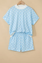 Polka Dot Print Color Block Trim Mock Neck Short Set