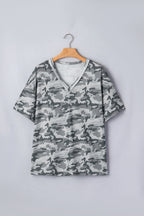 Green Retro Camouflage Print Raw Edge V Neck Tee