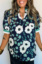 Blue Floral Print Striped Patchwork V Neck Short Sleeve Blouse