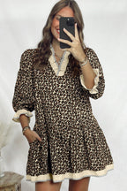 Black Leopard Print Striped Color Block Trim V Neck Bracelet Sleeve Mini Dress