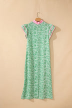 Floral Print Color Block Patchwork V Neck Short Sleeve Midi Dress