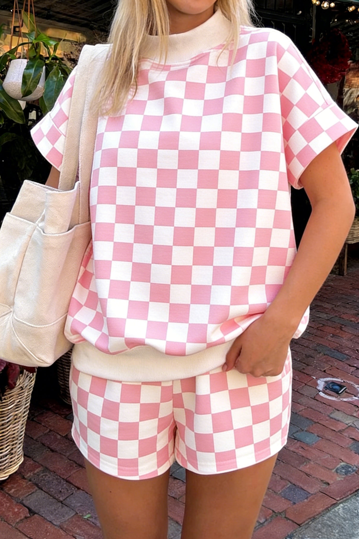 Checkered Print Colour Block Trim Mock Neck Short Set