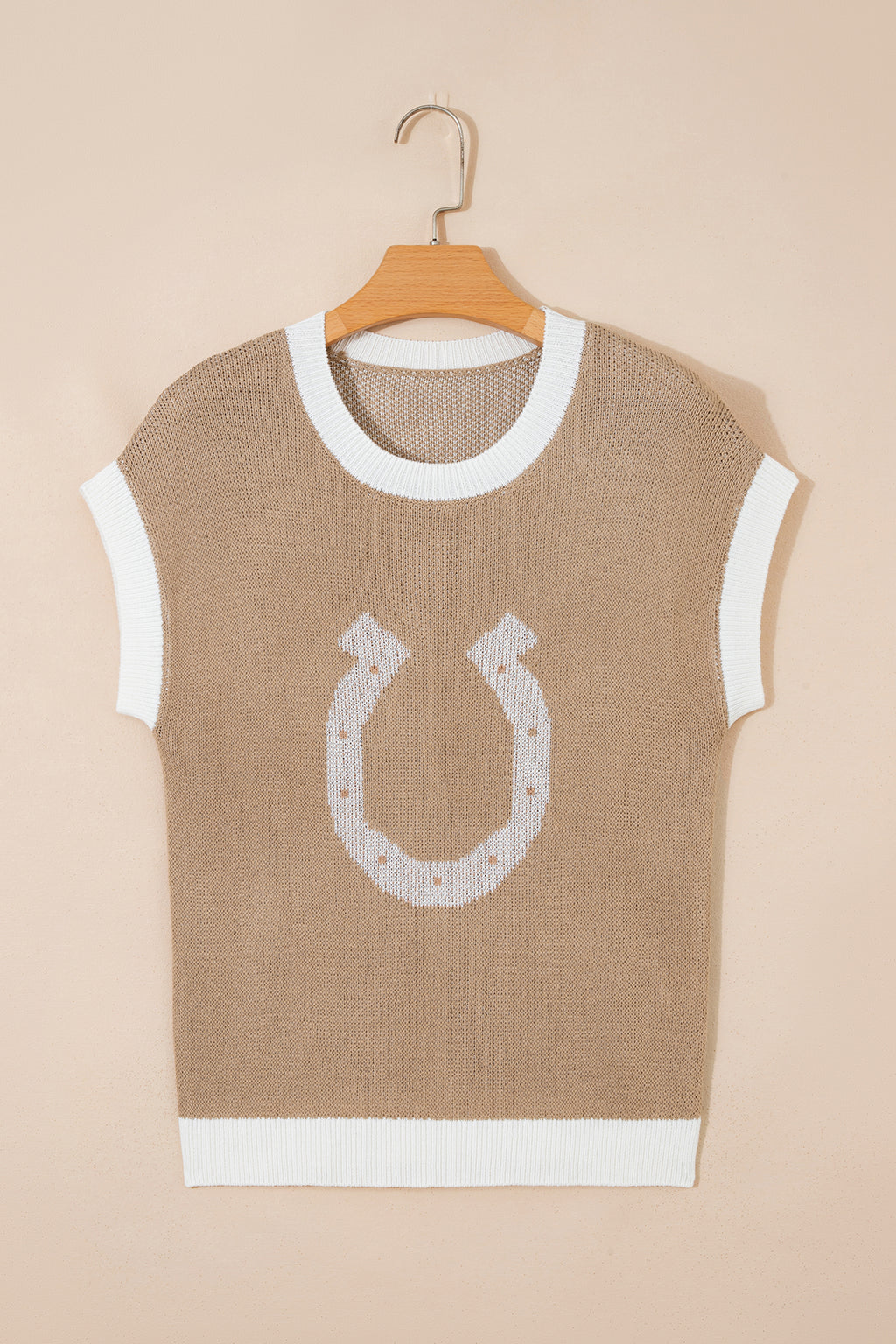 Horse Shoe Pattern Contrast Trim Short Sleeve Sweater