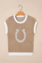 Horse Shoe Pattern Contrast Trim Short Sleeve Sweater