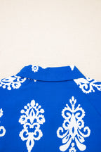 Blue Ethnic Geometric Print Collared Button Front Short Puff Sleeve Mini Dress