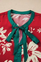 Red Contrast Tied Neck Shirred Puff Sleeve Flower Blouse