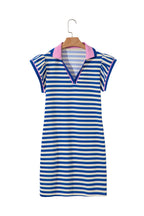 Stripe Print Contrast Collar Split Neck Flutter Sleeve Short Dress