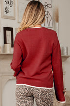 Leopard Bow Decor Split Cuff Contrast Trim Sweater