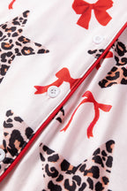 White Leopard Star Ribbon Bow Print Contrast Trim Short Pyjama Set