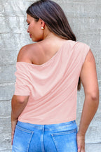 Plus Size Solid Color Asymmetric Neck Short Sleeve Blouse