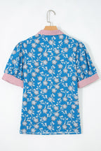 Blue Retro Floral Print Striped Trim Button Neck Short Sleeve Blouse