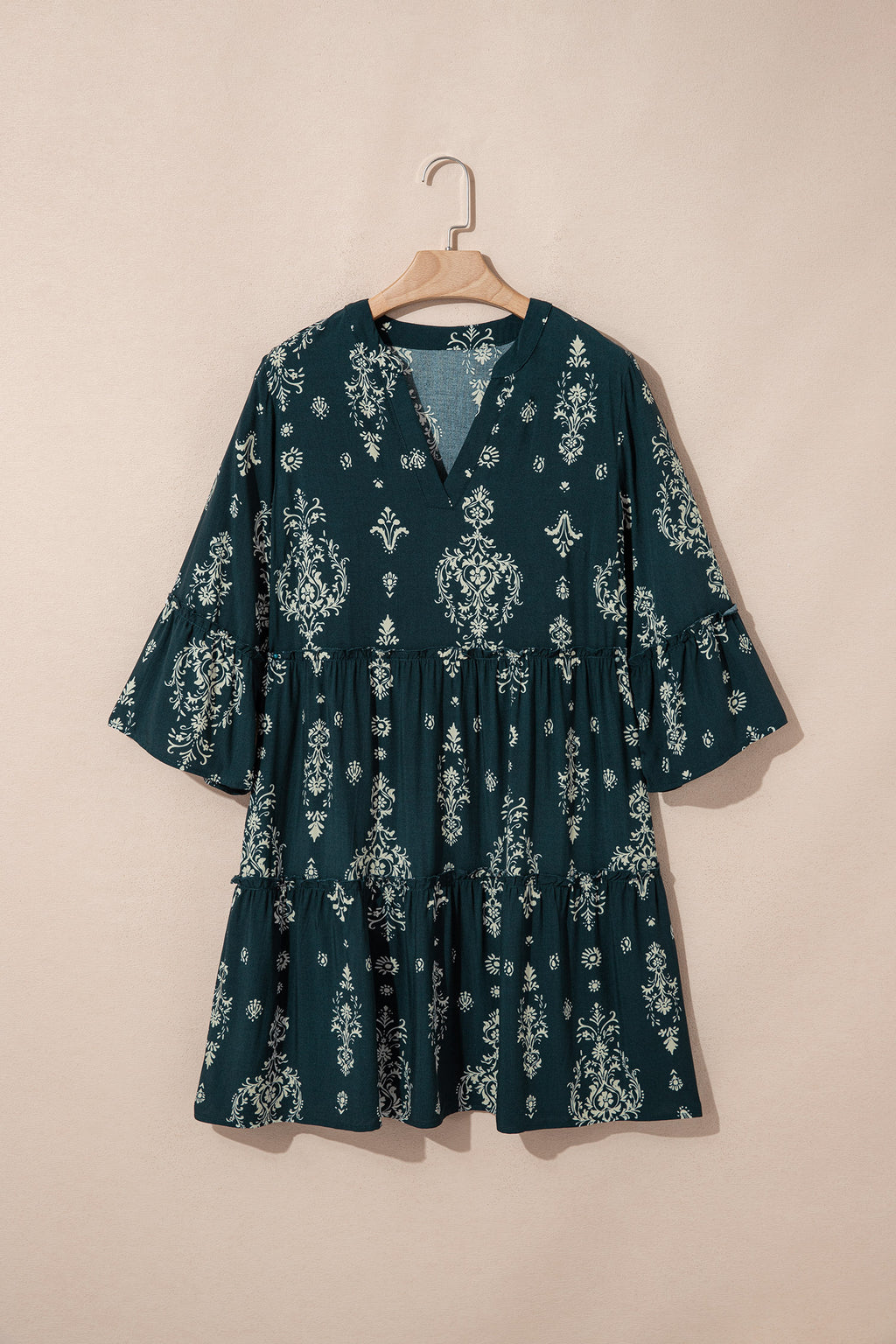 Boho Floral Print Lettuce Trim 3/4 Sleeve Mini Dress