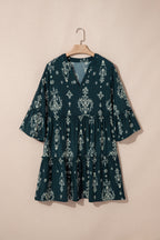 Boho Floral Print Lettuce Trim 3/4 Sleeve Mini Dress
