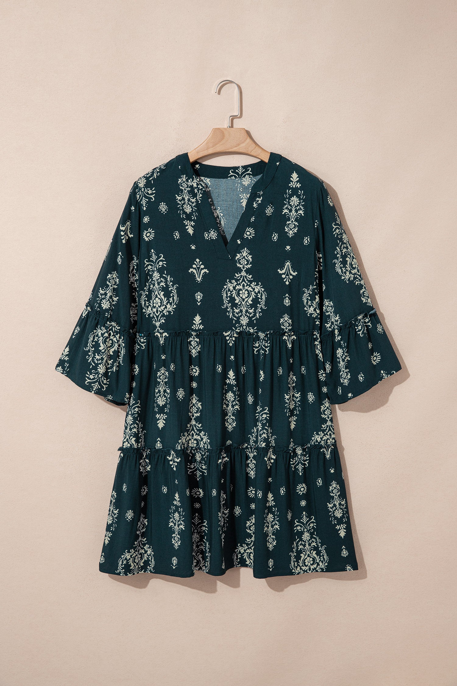 Boho Floral Print Lettuce Trim 3/4 Sleeve Mini Dress