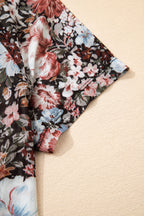 Brown Floral Print High Neck Short Sleeve Mesh Top