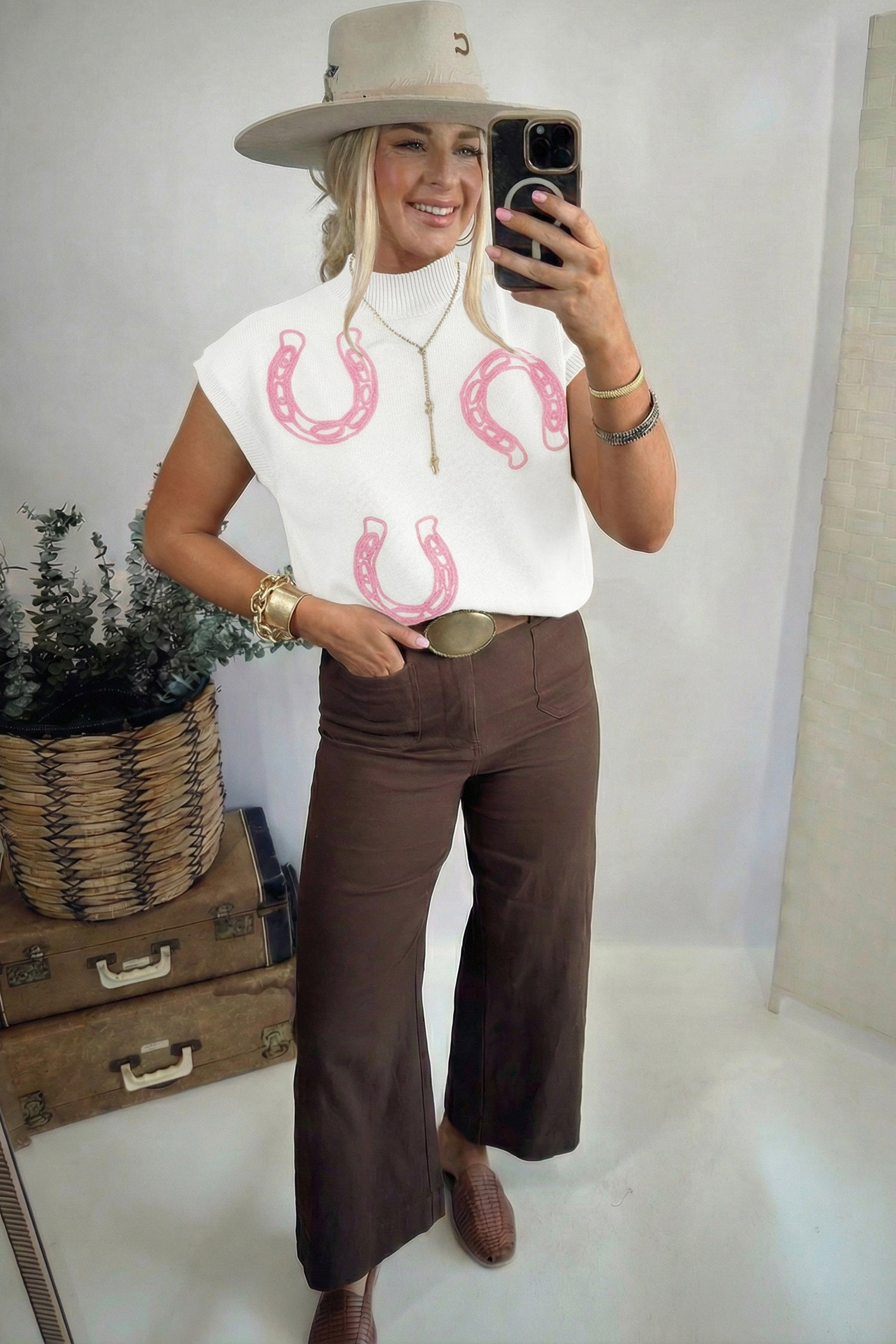 Corded Horseshoes Ribbed Trim Mock Neck Short Sleeve Sweater