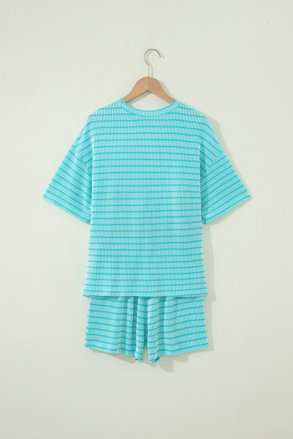 Striped Raised Rib Loose Tee Drawstring Elastic Waist 2pcs Short Set