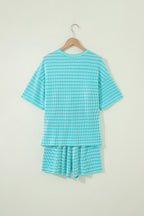 Striped Raised Rib Loose Tee Drawstring Elastic Waist 2pcs Short Set