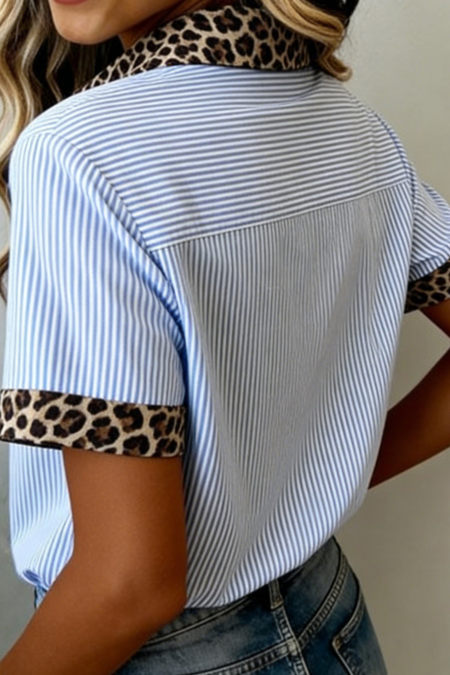 Striped Leopard Contrast Collar Short Sleeve Shirt